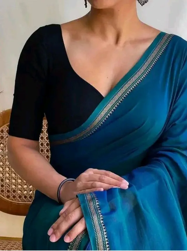 Blue Ombre Saree with Silver Border, Cotton Blend, Traditional Indian Ethnic Wear