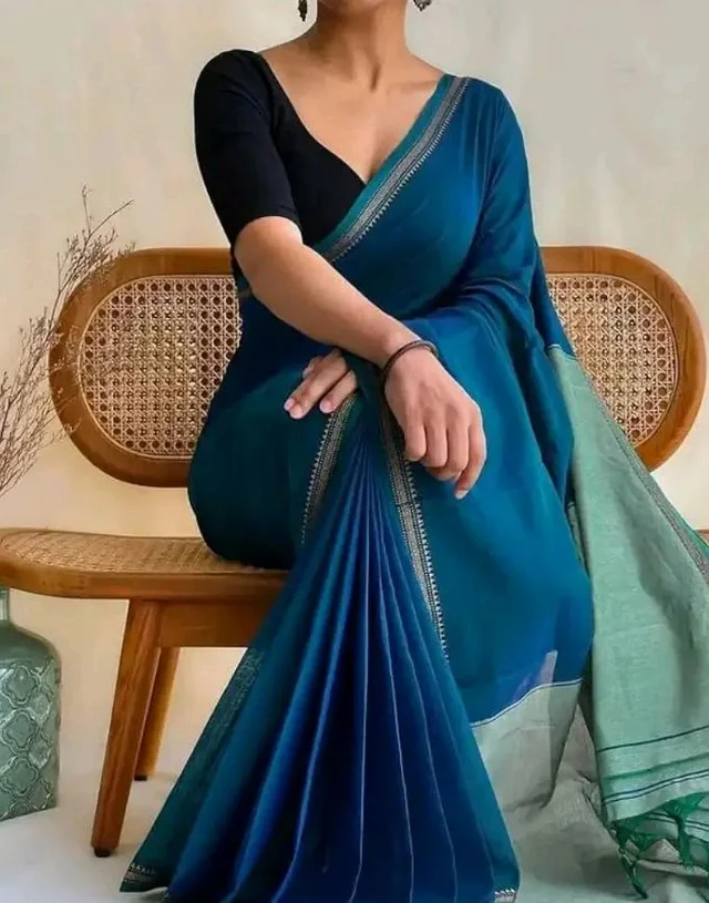 Blue Ombre Saree with Silver Border, Cotton Blend, Traditional Indian Ethnic Wear