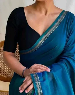 Blue Ombre Saree with Silver Border, Cotton Blend, Traditional Indian Ethnic Wear