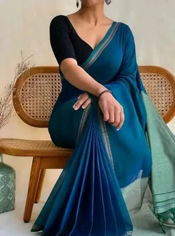Blue Ombre Saree with Silver Border, Cotton Blend, Traditional Indian Ethnic Wear