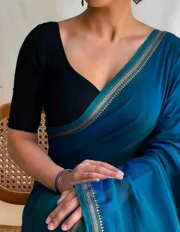 Blue Ombre Saree with Silver Border, Cotton Blend, Traditional Indian Ethnic Wear