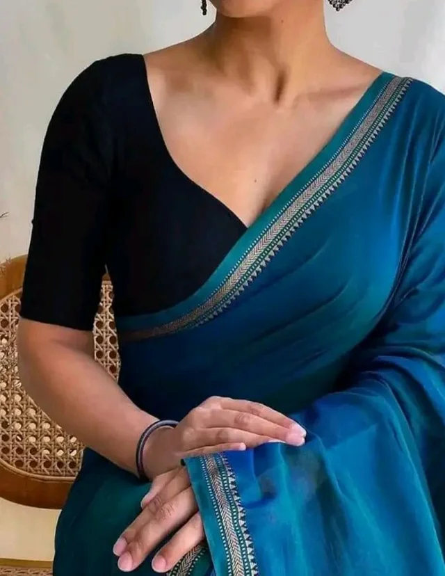Blue Ombre Saree with Silver Border, Cotton Blend, Traditional Indian Ethnic Wear