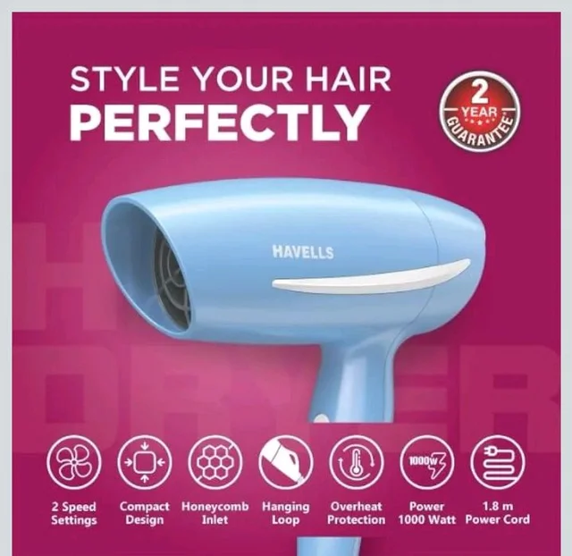 Havells 1000 Watts Hair Dryer, 2 Heat Settings (Hot/Warm), Over Heat Protection | Gentle & Efficient Drying | Style your Hair Perfectly