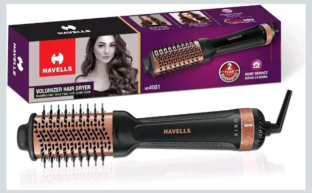 Havells HD4081 Professional Volumizer Hair Dryer, KeraNourish Ceramic Coating Brush Head, 1200 Watts, Ionic Care, Nylon Bristles,Cool Tip with Stand Support