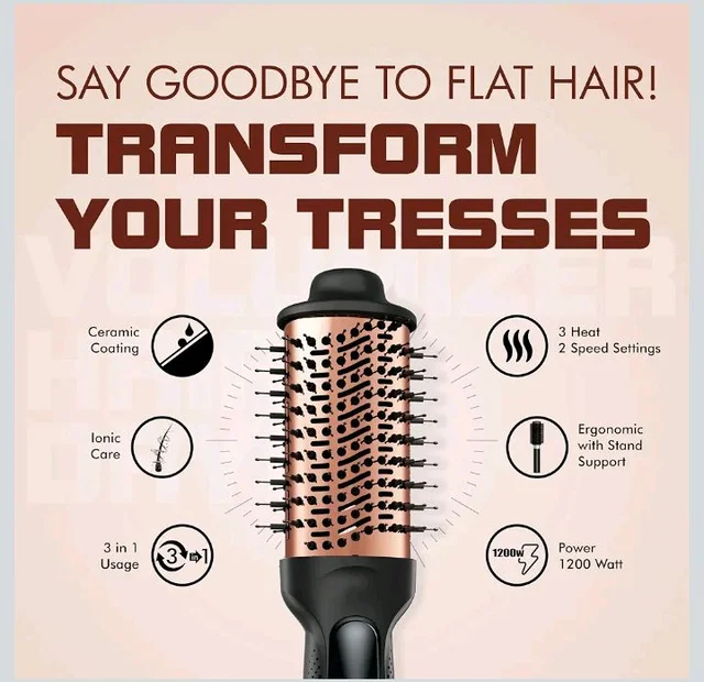 Havells HD4081 Professional Volumizer Hair Dryer, KeraNourish Ceramic Coating Brush Head, 1200 Watts, Ionic Care, Nylon Bristles,Cool Tip with Stand Support