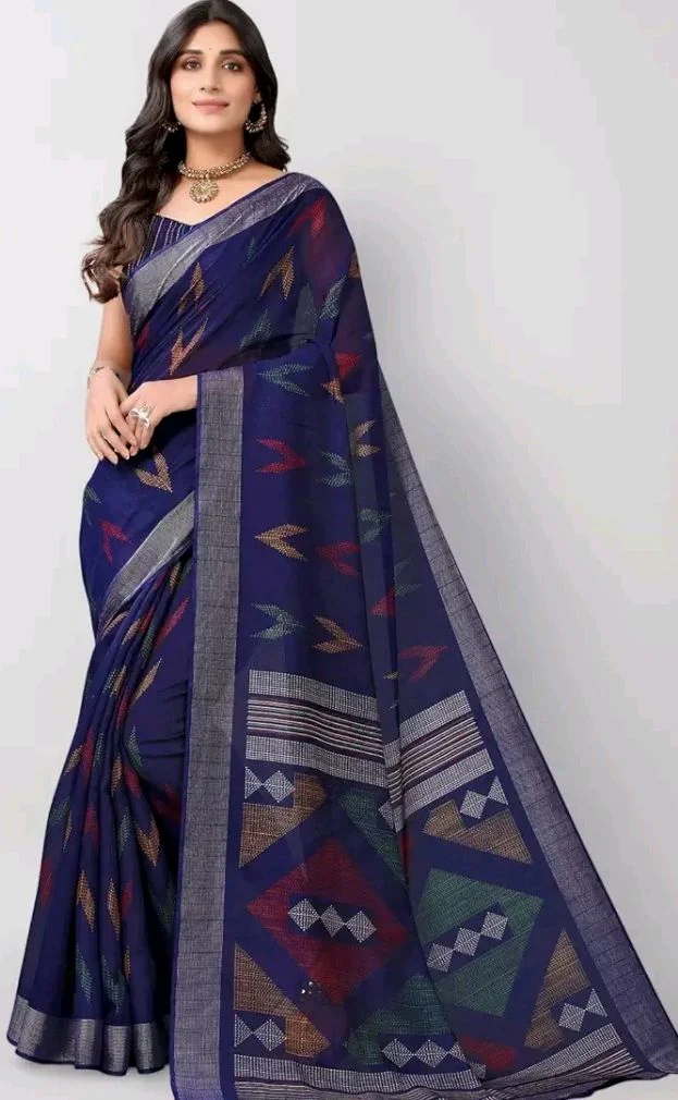 SIRIL Women's Cotton Printed Saree With Unstitched Blouse Piece