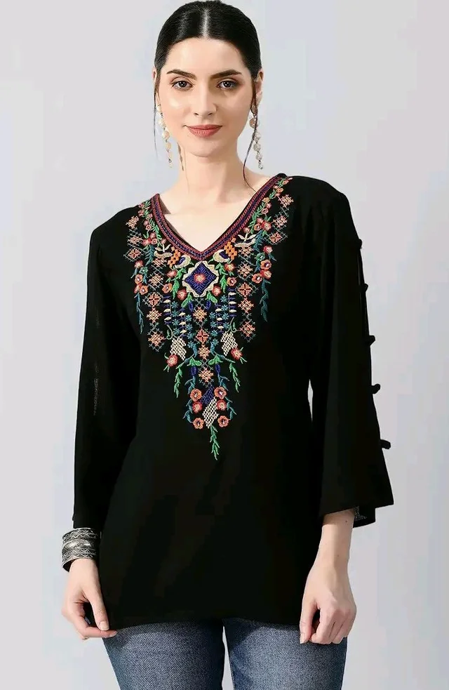 MAAHI Women's Rayon Black Embroidery Long Top - 3XL