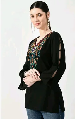 MAAHI Women's Rayon Black Embroidery Long Top - 3XL