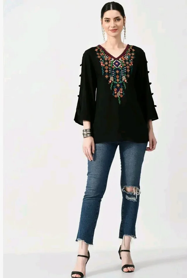 MAAHI Women's Rayon Black Embroidery Long Top - 3XL