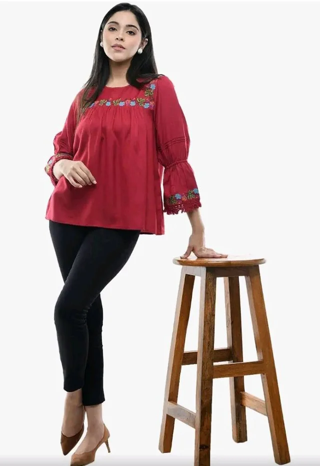 Maahi Women's Rayon Maroon Embroidery Top
- 2XL
