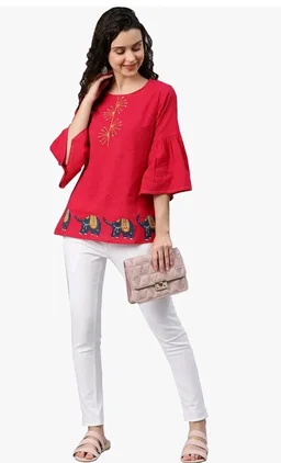 Yash Gallery Women's Cotton Patch Work Straight Top for Women
- L