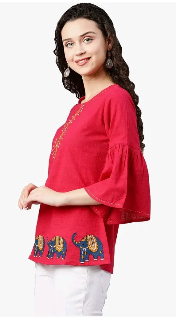 Yash Gallery Women's Cotton Patch Work Straight Top for Women
- L