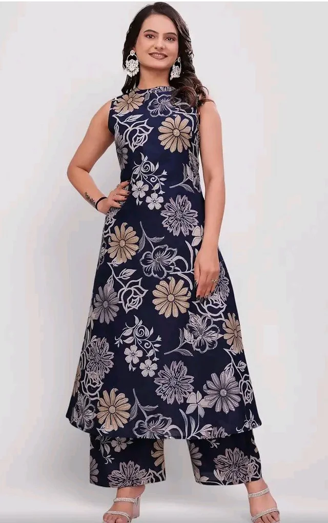 Women's Pure Cambric Cotton Printed Sleeveless A-Line Kurta with Palazzo Set | Ethnic Co-Ord Set for Women | Floral Print Kurti with Trousers Pant Set
- M