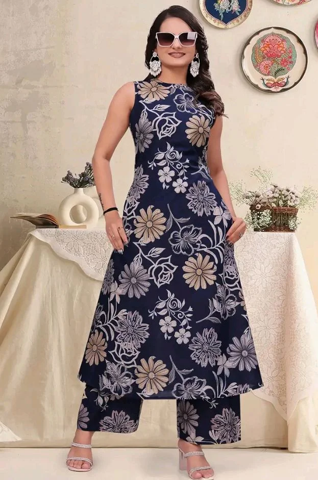 Women's Pure Cambric Cotton Printed Sleeveless A-Line Kurta with Palazzo Set | Ethnic Co-Ord Set for Women | Floral Print Kurti with Trousers Pant Set
- M
