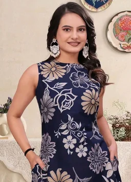 Women's Pure Cambric Cotton Printed Sleeveless A-Line Kurta with Palazzo Set | Ethnic Co-Ord Set for Women | Floral Print Kurti with Trousers Pant Set
- M