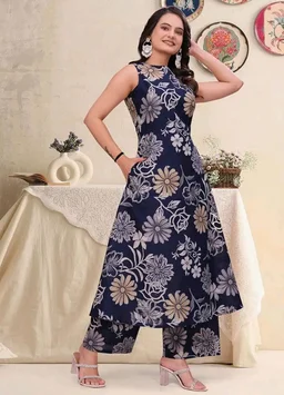 Women's Pure Cambric Cotton Printed Sleeveless A-Line Kurta with Palazzo Set | Ethnic Co-Ord Set for Women | Floral Print Kurti with Trousers Pant Set
- M