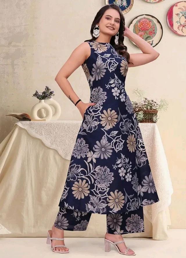 Women's Pure Cambric Cotton Printed Sleeveless A-Line Kurta with Palazzo Set | Ethnic Co-Ord Set for Women | Floral Print Kurti with Trousers Pant Set
- M