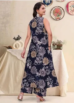 Women's Pure Cambric Cotton Printed Sleeveless A-Line Kurta with Palazzo Set | Ethnic Co-Ord Set for Women | Floral Print Kurti with Trousers Pant Set
- M