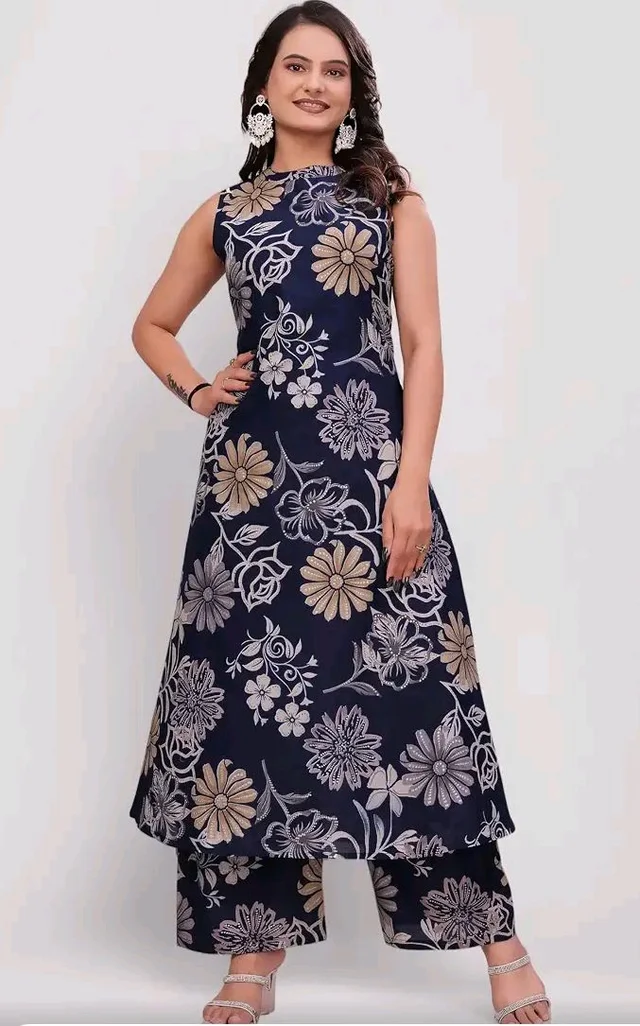 Women's Pure Cambric Cotton Printed Sleeveless A-Line Kurta with Palazzo Set | Ethnic Co-Ord Set for Women | Floral Print Kurti with Trousers Pant Set
- M