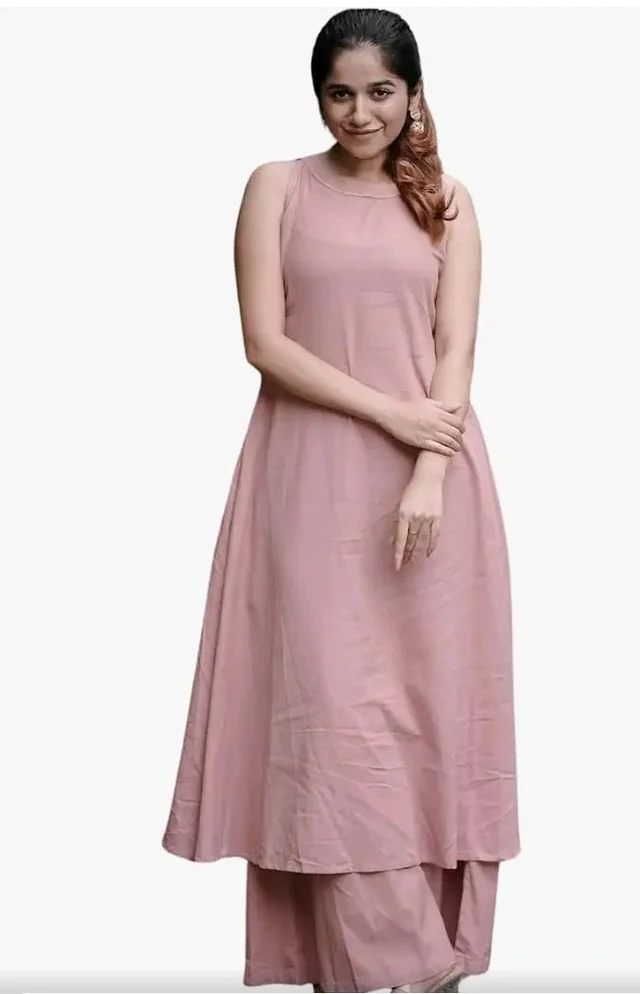 The Innerlight Company Women's Cotton Plain Flared Sleeveless Kurta with Palazzo (Pink-XL)
- L