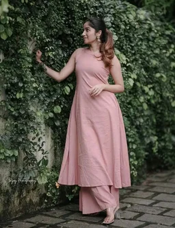 The Innerlight Company Women's Cotton Plain Flared Sleeveless Kurta with Palazzo (Pink-XL)
- L