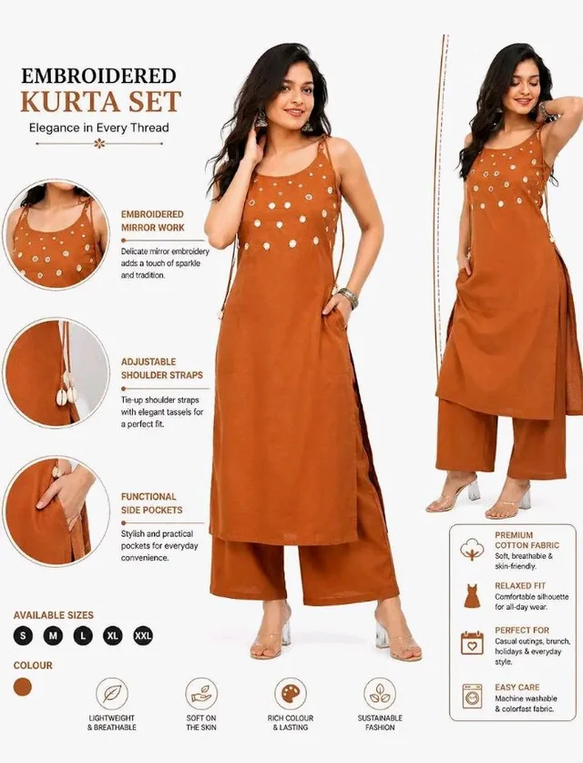Ladrecha kraftique Women's Cotton Embroidery Sleeveless Kurti with Ankle Length Pant Set
- 2XL