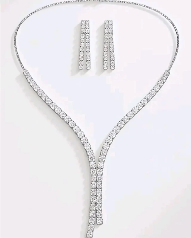 Silver Crystal Necklace Set for Women | Diamond Style Long Necklace with Earrings |Gift for her | Wedding Jewelry Set for Girls
