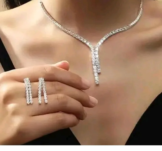 Silver Crystal Necklace Set for Women | Diamond Style Long Necklace with Earrings |Gift for her | Wedding Jewelry Set for Girls