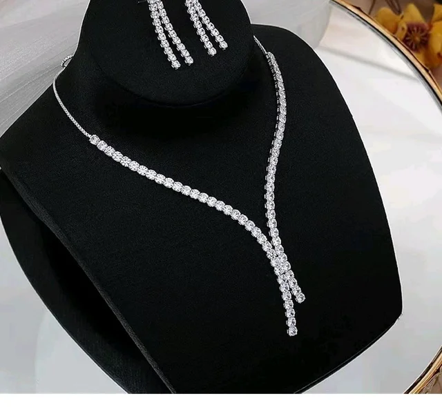 Silver Crystal Necklace Set for Women | Diamond Style Long Necklace with Earrings |Gift for her | Wedding Jewelry Set for Girls