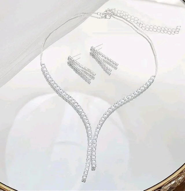 Silver Crystal Necklace Set for Women | Diamond Style Long Necklace with Earrings |Gift for her | Wedding Jewelry Set for Girls