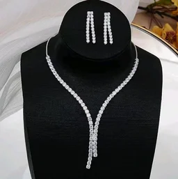 Silver Crystal Necklace Set for Women | Diamond Style Long Necklace with Earrings |Gift for her | Wedding Jewelry Set for Girls