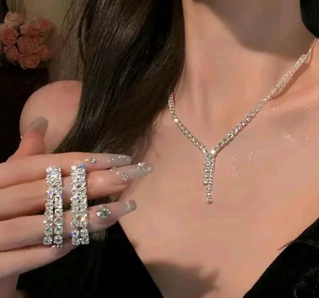 Silver Crystal Necklace Set for Women | Diamond Style Long Necklace with Earrings |Gift for her | Wedding Jewelry Set for Girls