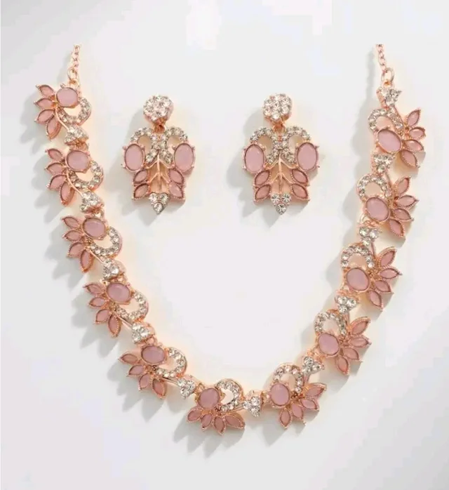 Alloy Rose Gold Plated Cubic Crystal Zirconia Necklace Jewellery Set With Earrrings For Women/Girls (Pink)
