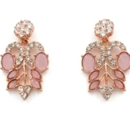 Alloy Rose Gold Plated Cubic Crystal Zirconia Necklace Jewellery Set With Earrrings For Women/Girls (Pink)