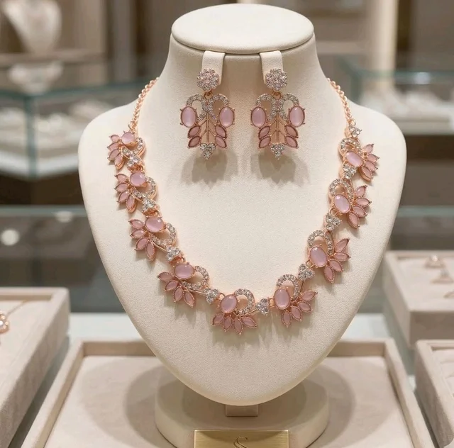 Alloy Rose Gold Plated Cubic Crystal Zirconia Necklace Jewellery Set With Earrrings For Women/Girls (Pink)