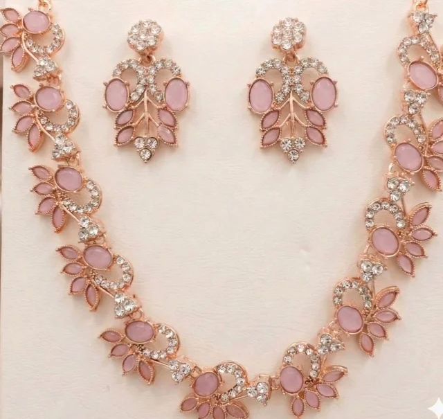 Alloy Rose Gold Plated Cubic Crystal Zirconia Necklace Jewellery Set With Earrrings For Women/Girls (Pink)