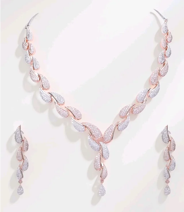 Ratnavali Jewels American Diamond CZ Rose Gold Plated Designer Jewellery Set/Necklace Set with Chain & Earring for Girls/Women (RV3382RG)