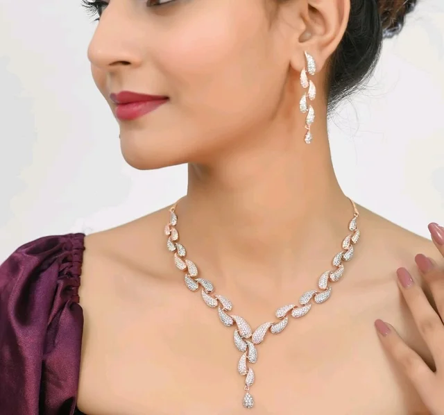 Ratnavali Jewels American Diamond CZ Rose Gold Plated Designer Jewellery Set/Necklace Set with Chain & Earring for Girls/Women (RV3382RG)
