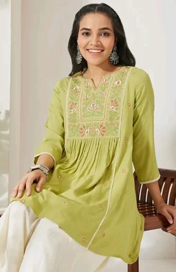 Visit the Janasya Store
Janasya Women's Lime Green Rayon Yoke Embroidered A-Line Tunic
- 2XL