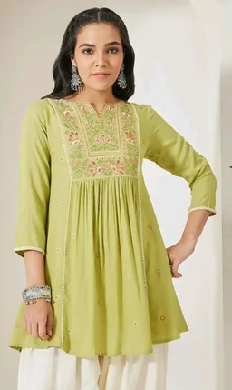 Visit the Janasya Store
Janasya Women's Lime Green Rayon Yoke Embroidered A-Line Tunic
- 2XL