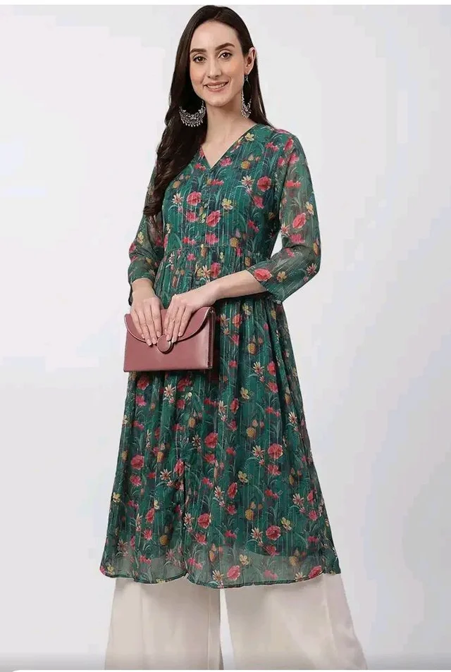Janasya Women's Bottle Green Lurex Chiffon Floral Printed A-Line Kurta
- M