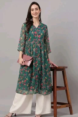 Janasya Women's Bottle Green Lurex Chiffon Floral Printed A-Line Kurta
- M