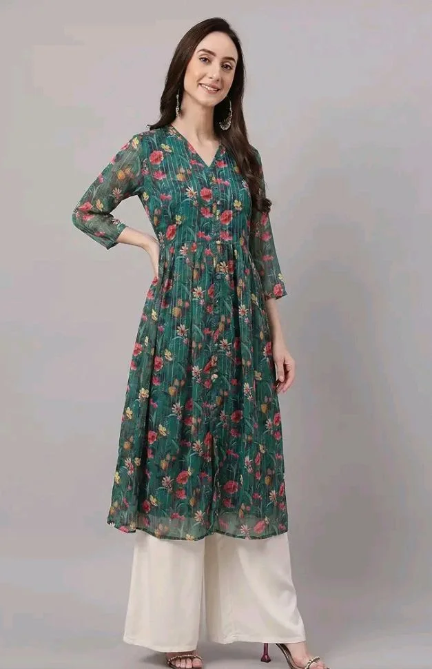 Janasya Women's Bottle Green Lurex Chiffon Floral Printed A-Line Kurta
- M