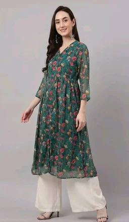 Janasya Women's Bottle Green Lurex Chiffon Floral Printed A-Line Kurta
- M