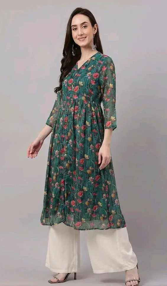 Janasya Women's Bottle Green Lurex Chiffon Floral Printed A-Line Kurta
- M