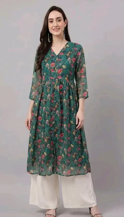 Janasya Women's Bottle Green Lurex Chiffon Floral Printed A-Line Kurta
- M