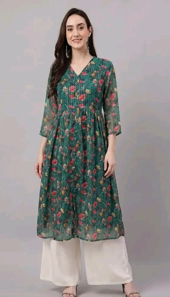Janasya Women's Bottle Green Lurex Chiffon Floral Printed A-Line Kurta
- M
