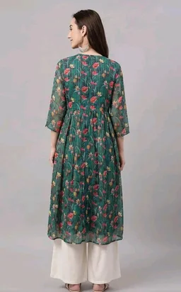 Janasya Women's Bottle Green Lurex Chiffon Floral Printed A-Line Kurta
- M
