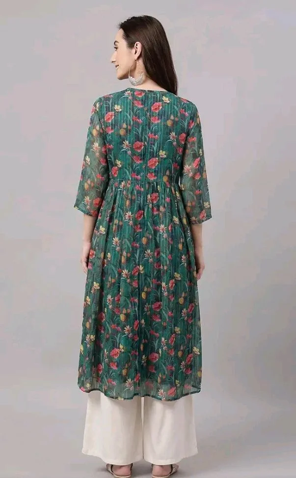 Janasya Women's Bottle Green Lurex Chiffon Floral Printed A-Line Kurta
- M
