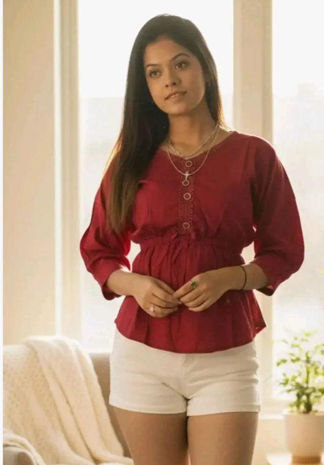 Women Solid Red Peplum Top, 3/4 Sleeve V Neck Stylish Top with Waist Tie-Up | Trendy Casual, Office Top for Girls & Women (L Size)
- 2XL